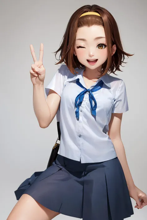 (masterpiece, best quality:1.2), <lora:k-on_tainaka-10:0.8>, <lora:loraPeaceSign_v02:0.8>, cowboy shot, solo, 1girl, tainaka ritsu, \:d, looking at viewer, peace, sign, hairband, one eye closed, sakuragaoka high school uniform, blue neck ribbon, pleated skirt
