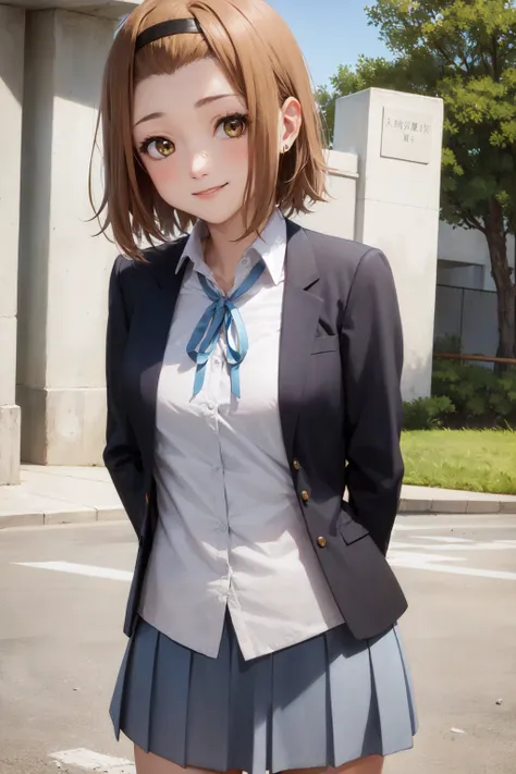 (masterpiece, best quality:1.2), <lora:k-on_tainaka-10:1.0>, cowboy shot, solo, 1girl, tainaka ritsu, smile, closed mouth, looking at viewer, arms behind back, hairband, sakuragaoka_high_school_uniform, blue neck ribbon, long sleeves, pleated skirt