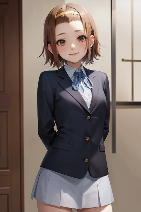 (masterpiece, best quality:1.2), <lora:k-on_tainaka-10:1.0>, cowboy shot, solo, 1girl, tainaka ritsu, smile, closed mouth, looking at viewer, arms behind back, hairband, sakuragaoka_high_school_uniform, blue neck ribbon, long sleeves, pleated skirt