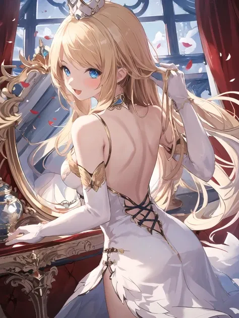 masterpiece,best quality,highres,cinematic lighting,dramatic angle,1girl,<lora:ShadowverseCassiopeiaV1:0.8:lbw=jiangshi3>,blonde hair,long hair,crown,hair ornament,white dress,gold trim,jewelry,clothing cutout,bare shoulders,gloves,thighhighs,:d,looking at viewer,blush,straight-on,petals,ring on finger,pov,backless outfit,(arm up:1.15),(adjusting hair:1.13),turning head,from behind,fat ass,pov,portrait,(close-up:1.3),arched back