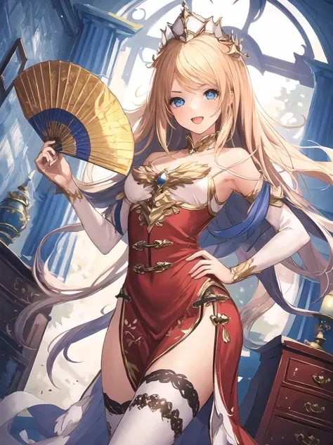 masterpiece,best quality,highres,cinematic lighting,dramatic angle,1girl,<lora:ShadowverseCassiopeiaV1:0.8:lbw=jiangshi3>,blonde hair,blue eyes,crown,hair ornament,thighhighs,looking at viewer,:d,seductive pose,gold trim,red china dress,folding fan,holding,standing,:d,portrait,from random point of view,close-up,thigh strap,one hand on own hip,one hand on own cheek,wooden furniture,indoors