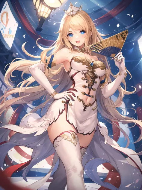 masterpiece,best quality,highres,cinematic lighting,dramatic angle,1girl,<lora:ShadowverseCassiopeiaV1:0.8:lbw=jiangshi3>,blonde hair,crown,hair ornament,blue eyes,white dress,bare shoulders,elbow gloves,navel,clothing cutout,white thighhighs,high heels,walking,hand on own hip,highlight,hand fan,folding fan,:d,on stage,highlights,fashion show,thick thighs,fat ass