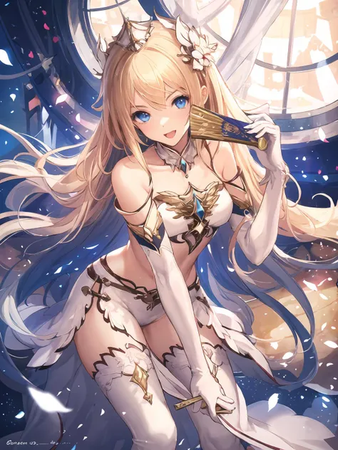 masterpiece,best quality,highres,cinematic lighting,dramatic angle,1girl,<lora:ShadowverseCassiopeiaV1:0.8:lbw=jiangshi3>,blonde hair,blue eyes,looking at viewer,:d,crown,hair ornament,white dress,bare shoulders,elbow gloves,navel,white thighhighs,clothing cutout,glowing particles,holding,folding fan,hand fan,(bent over:1.1),one hand on own knee,striahgt-on,standing