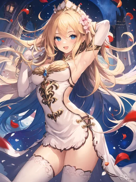 masterpiece,best quality,highres,cinematic lighting,dramatic angle,1girl,<lora:ShadowverseCassiopeiaV1:0.8:lbw=jiangshi3>,blonde hair,long hair,crown,hair ornament,white dress,gold trim,jewelry,clothing cutout,bare shoulders,gloves,thighhighs,:d,looking at viewer,blush,straight-on,petals,armpits,(adjusting hair:1),thick thighs,pov,portrait,(close-up:1.3),arched back