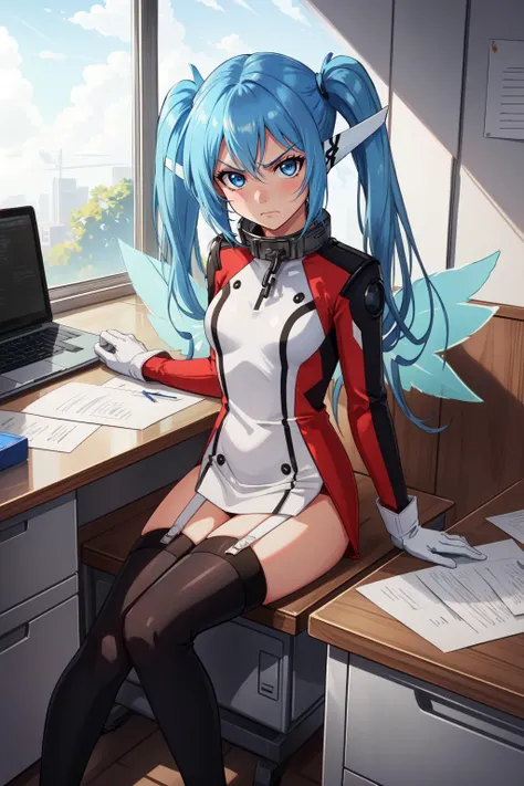 (masterpiece, best quality), intricate details,
1girl, <lora:nymph-lyco-nochekaiser:0.8> nymph, blue eyes, blue hair, long hair, long twintails, robot ears, twintails, two side up, wings, arm support, boots, chain, collar, garter straps, gloves, thighhighs,
business suit, brown suit, paperwork, sitting at desk, unhappy, glaring at viewer,