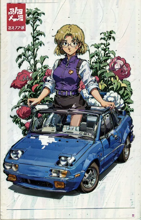 masterpiece, best quality, best artist, 4k wallpaper, 1girl, moko-chan, 1980s \(style\),retro artstyle,toy box art,logo,riding ground vehicle, car, akagi ritsuko, blonde hair, short hair, glasses, dress, happy, simple forms, multicolored background,  <lora:ritsukoAkagi_v10:0.7>,  <lora:moko-chan_v10:0.6> <lora:MX5NA-v1.0:0.6>