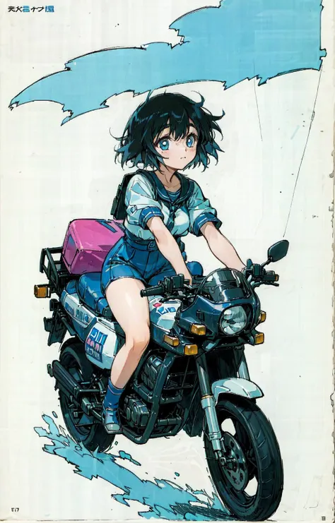 masterpiece, best quality, best artist, 4k wallpaper, moko-chan, 1girl, shiina mayuri, 1980s \(style\),retro artstyle, riding ground vehicle, happy, simple forms, multicolored background <lora:moko-chan_v10:0.6>,  <lora:SteinsGateShiinaMayuriCharecter_v10:0.7>