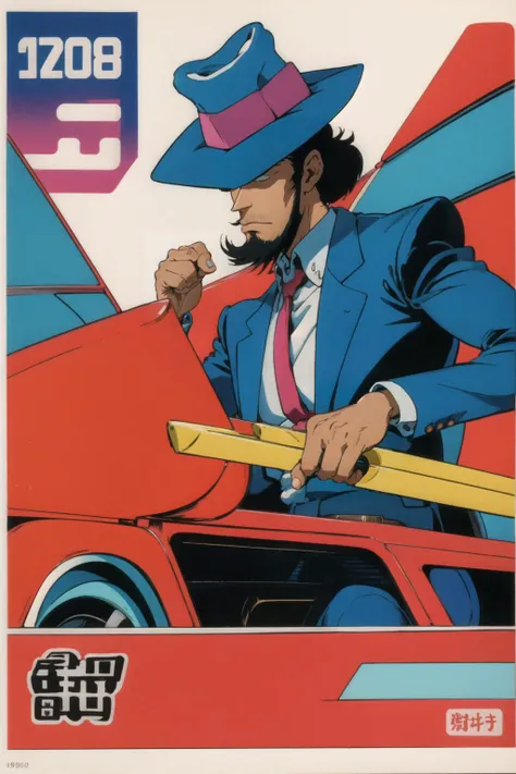 <lora:moko-chan_v10:0.6>, moko-chan, 1980s \(style\),retro artstyle,toy box art,logo, <lora:Jigen:0.8>, jigen, formal, hat, 1boy, hand on hat