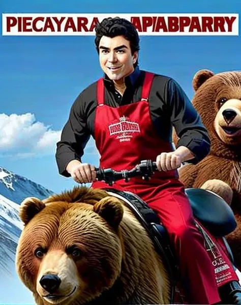 a man , (pkpapajohn:1.0), (papa john schnatter:0.8), riding on a (bear :1.2), poster
