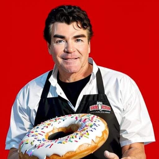 a man eating a donut , (pkpapajohn:1.0), (papa john schnatter:0.8), holding a donut