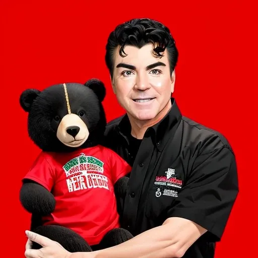 a man, (pkpapajohn:1.0), (papa john schnatter:0.8), holding head of a bear