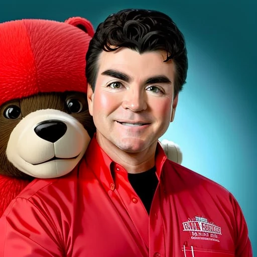 a man, (pkpapajohn:1.0), (papa john schnatter:0.8), holding head of a bear
