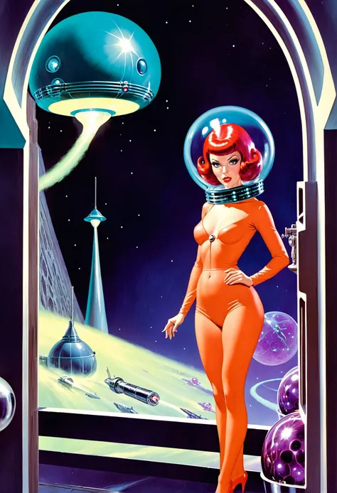 old pulp scifi novel cover BREAK Jacob's Ladder pixie, see-through gossamer, nervous, in a moody sex dungeon, bombshell hair, bright red hair, Stacked Bob,bombshell hime cut, own hands clasped BREAK retro futuristic alien king,vacuum tubes,wise old monk,male space rogue<lora:EnvyPulpScifiXL:1.4:1.4:lbw=ALL>