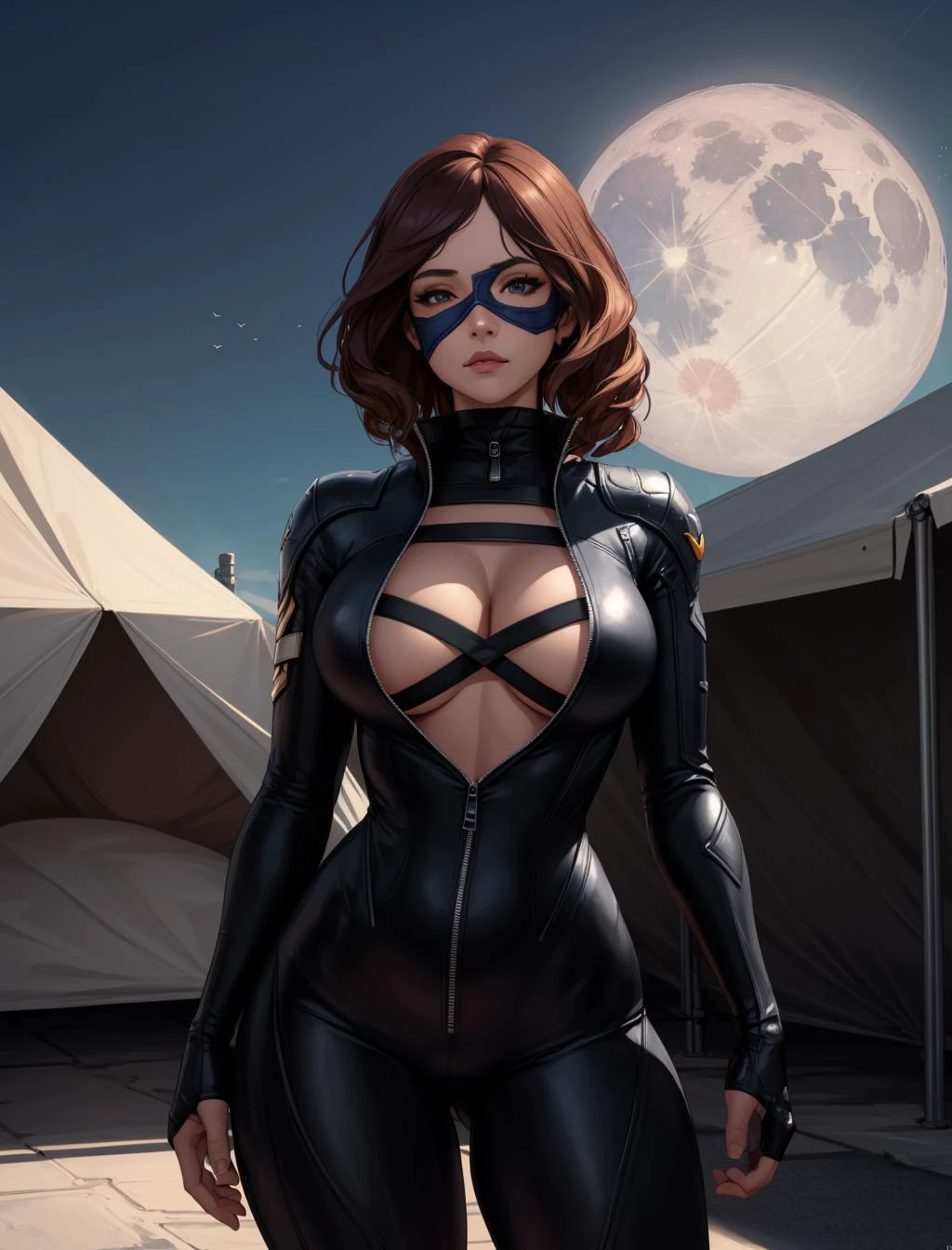 young woman, rogue, masked,soldiers outpost ,big breasts,late night, full moon, hiding behind a tent,sneaking,(looking to the side:1.3),latex bikesuit, cleavage cutout, soldiers on the background, tents, intricate, highly detailed, atmospheric lighting, digital painting, artstation, detailed foundation, beautifully detailed, 8 k resolution, sharp focus, league of legends concept art, greg rutkowski,<lora:LatexBikesuit:1>