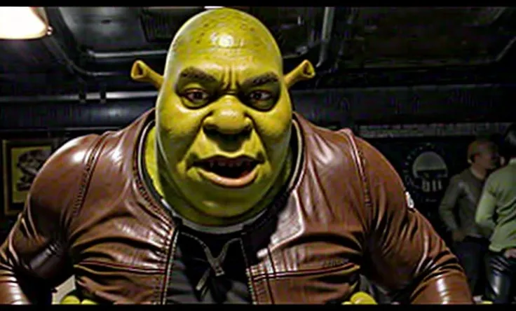 High detail quality, screengrab of a frame from the movie, the best, the good, SCP style,latex bikesuit, gachimuchi style, an overtly sexy outfit, den of homosexuals, shrex in a gay club where naked, pumped-up men dance, fat green Shrek, found his true love in a gay club, VHS, VHS footage of <lora:fftage:0.4> <lora:VHS3:0.5>  <lora:ShrekDoguVersion2:0.9> <lora:more_details:0.5>
 <lora:LatexBikesuit:1>