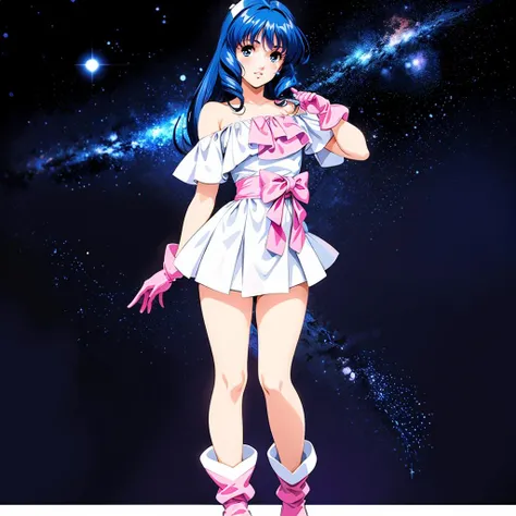 <lora:LynnMinmay001:0.5>,<lora:add_detail:0.8>,<lora:noline:0.7>,
LynnMinmay,1girl,solo,black hair,
idol,white short dress,off-the-shoulder,
pink gloves,
pink waist bow,
white mini skirt,
pink boots,
standing,full body,
starry_sky,