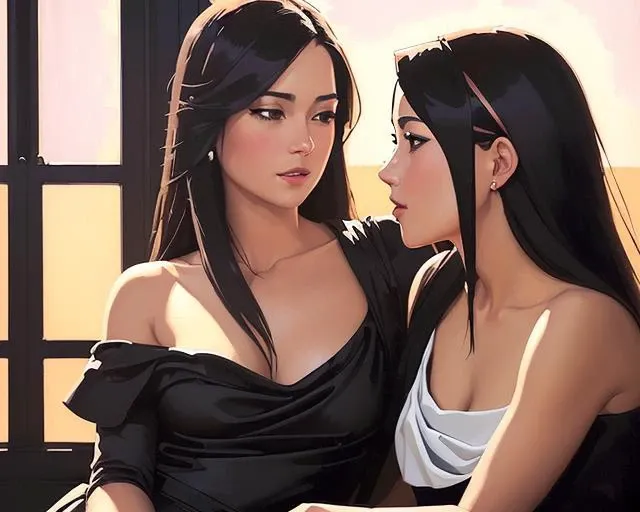 (2girls:1.4), (beautiful woman:1.2), women kissing, lesbian women, (hand touching thigh:1.3), ((legs)), ((sexy)), ((full body shot)), (high contrast lighting:1.3), 20 years female, sexy, (arched back:1.2), (cleavage:1.2), ((long straight hair)), red lips, professional, (majestic oil painting by Ed Blinkey, Atey Ghailan, Studio Ghibli, by Jeremy Mann, Greg Manchess:1.4), trending on ArtStation, Intricate, High Detail, Sharp focus, dramatic, photorealistic painting art by larry elmore, fine details, illustration, masterpiece, best quality, highres, exquisite details and textures, pretty detalied face,