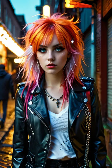 beautiful girl with multicolored hair, (wolfcut:1.1), very long hair,  layered hair, (bangs:0.7),  (disheveled:1.3),
(Wrapped in a sleek leather jacket, accentuated by silver studs and chains, emanating a fierce and edgy aura), (A dimly lit alleyway, with shadows lurking in the corners, exuding an atmosphere of calculated intensity: 1.3), (seductive:1.3),(analog, cinematic, film grain, hazy atmosphere, cinematic shot:1.3),
<lora:concept_hairstyle_wolfCut_sdxl_v10-wolfCut:0.9> 
BREAK
background festival, carnival, fireworks, realistic photograph, professional photographer, depth of field,