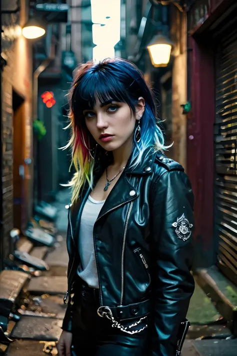 1girl, portrait, wolfcut, bangs, long layered hair, multicolored hair,
(Wrapped in a sleek leather jacket, accentuated by silver studs and chains, emanating a fierce and edgy aura), (A dimly lit alleyway, with shadows lurking in the corners, exuding an atmosphere of calculated intensity: 1.3), (seductive:1.3),(analog, cinematic, film grain, hazy atmosphere, cinematic shot:1.3),
<lora:concept_hairstyle_wolfCut_sdxl_v10-wolfCut:0.9>