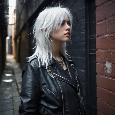 1girl, portrait, wolfcut, bangs, long layered hair, pure white hair, from side, side profile,
(Wrapped in a sleek leather jacket, accentuated by silver studs and chains, emanating a fierce and edgy aura), (A dimly lit alleyway, with shadows lurking in the corners, exuding an atmosphere of calculated intensity: 1.3), (seductive:1.3),(analog, cinematic, film grain, hazy atmosphere, cinematic shot:1.3),
<lora:concept_hairstyle_grungeFlair_sdxl_v1-grungeFla1r:0.6>