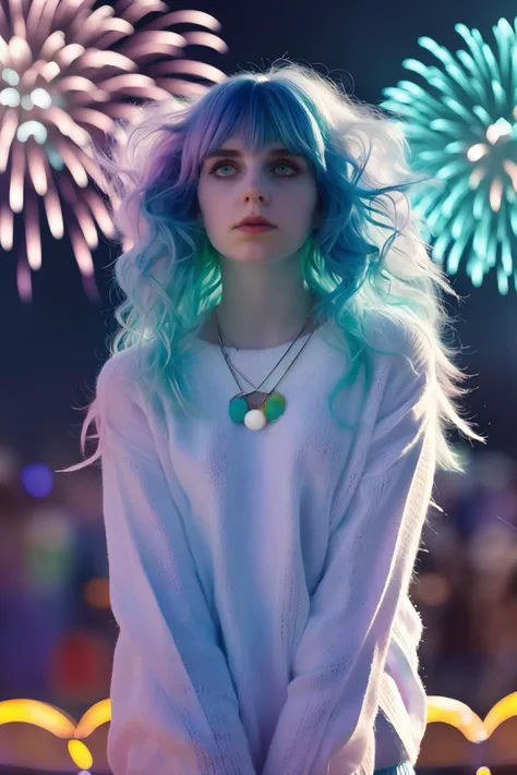 beautiful girl with vivid rainbow colored hair, (wolfcut:1.1), very long hair,  bangs,  (disheveled:1.3),
arms behind back, leaning forward,
(Wrapped in a white knitted sweater, accented by cute jewelry, emanating an adorable aura, (cinematic, cinematic shot),
<lora:concept_hairstyle_wolfCut_sd15_v7-wolfCut:0.8>
BREAK
background festival, carnival, fireworks, realistic photograph, professional photographer, depth of field,