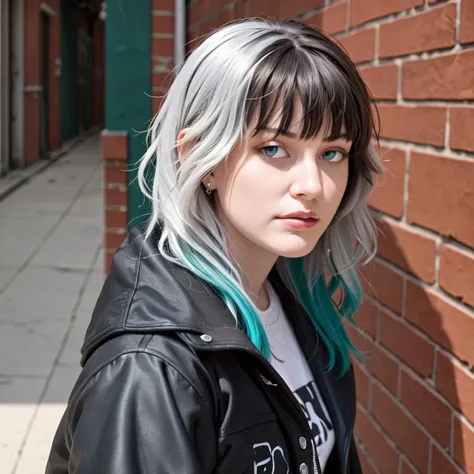 1girl, portrait, wolfcut, bangs, long layered hair, multicolored hair, 
(Wrapped in a sleek leather jacket, accentuated by silver studs and chains, emanating a fierce and edgy aura), (A dimly lit alleyway, with shadows lurking in the corners, exuding an atmosphere of calculated intensity: 1.3), (seductive:1.3),(analog, cinematic, film grain, hazy atmosphere, cinematic shot:1.3),
<lora:concept_hairstyle_grungeFlair_pdxl_v10-wolfCut-000004:1.4>