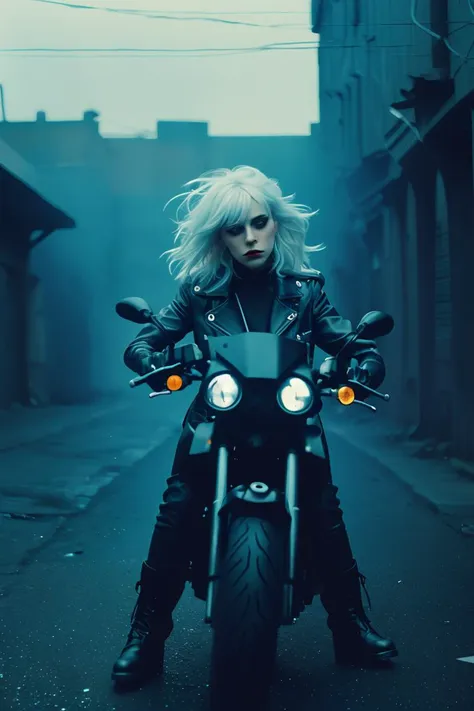 1girl, (wolfcut:1.1), very long hair, multicolored hair,  bangs,  (disheveled:1.3),
(Wrapped in a sleek leather jacket, accentuated by silver studs and chains, emanating a fierce aura, feral), (analog, cinematic, film grain, hazy atmosphere, cinematic shot),
<lora:concept_hairstyle_wolfCut_sd15_v7-wolfCut:0.8>
BREAK
background dark alley, garbage, motorbike, realistic photograph, professional photographer, depth of field,