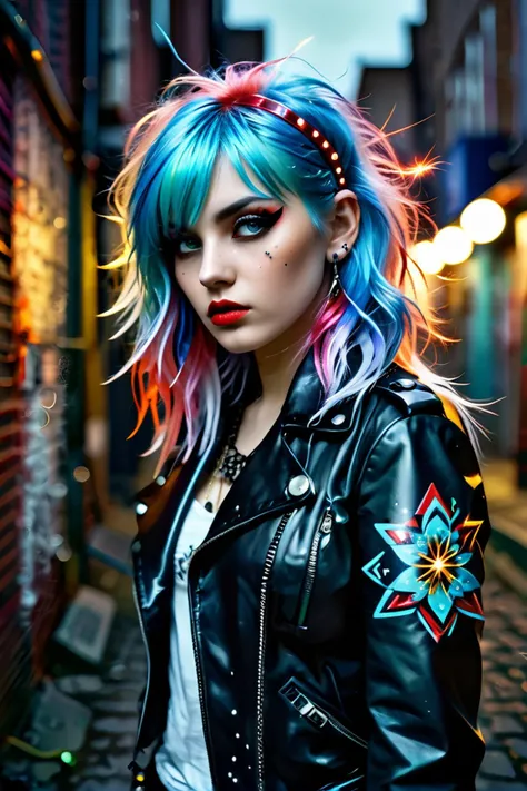 beautiful girl with multicolored hair, (wolfcut:1.1), very long hair,  layered hair, (bangs:0.7),  (disheveled:1.3),
(Wrapped in a sleek leather jacket, accentuated by silver studs and chains, emanating a fierce and edgy aura), (A dimly lit alleyway, with shadows lurking in the corners, exuding an atmosphere of calculated intensity: 1.3), (seductive:1.3),(analog, cinematic, film grain, hazy atmosphere, cinematic shot:1.3),
<lora:concept_hairstyle_wolfCut_sdxl_v10-wolfCut:0.9> 
BREAK
background festival, carnival, fireworks, realistic photograph, professional photographer, depth of field,