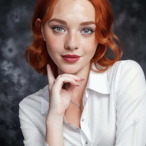 ClioRecinelli photo of a young woman in a (elegant detailed white tight secretary shirt :1.5), (((red hair, freckles))), (professional photo , studio lighting, hard light, sony a7, 50 mm, (hyperrealistic), big depth of field, mate skin, pores, colors, hyperdetailed, best quality, photorealistic, 8k, high res, best quality), 1girl, (heavy makeup),  (dark grey photostudio background:1.4) , looking at viewer, (eye contact:1.4), piercing eyes, happy, smirk, smile, intricate<lora:ClioRecinelli:1.0>