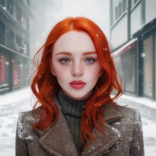 professional portrait photograph of ClioRecinelli in winter clothing with red hair, freckles, beautiful symmetrical face, cute natural makeup, wearing elegant winter fashion clothing, ((standing outside in snowy city street)), stunning modern urban upscale environment, ultra realistic, concept art, elegant, highly detailed, intricate, sharp focus, depth of field, f/1. 8, 85mm, medium shot, mid shot, (centered image composition), (professionally color graded), ((bright soft diffused light)), volumetric fog, trending on instagram, trending on tumblr, hdr 4k, 8k<lora:ClioRecinelli:1.0>