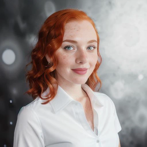 ClioRecinelli official identification photo of a young woman in a (elegant detailed white tight secretary shirt :1.5), (((red hair, freckles))), (professional photo , studio lighting, hard light, sony a7, 50 mm, (hyperrealistic), big depth of field, mate skin, pores, colors, hyperdetailed, best quality, photorealistic, 8k, high res, best quality), 1girl, (portrait),  (dark grey photostudio background:1.4) , looking at viewer, (eye contact:1.4), piercing eyes, happy, smirk, smile, intricate<lora:ClioRecinelli:1.0>