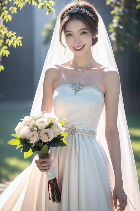 (8k, RAW photo, best quality, masterpiece),(realistic, photo-realistic),(extremely detailed CG unity 8k wallpaper),
1girl,upper body,at wedding party,<lora:wedding:0.8>wedding dress,<lora:20230629161150:0.85>,smile,wedding veil,holding flowers in hand,
