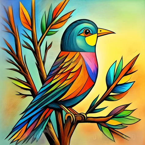 cubsimart, painting,bird, with long detailed feathers, perching on a tree branch, bright colors, high contrast, vivid lighting, faded illustration, colored pencil sketch, nature book ,<lora:CubismArt:1>