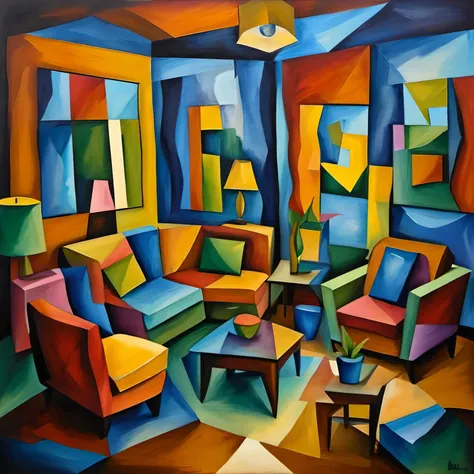 cubsimart, painting,living room<lora:CubismArt:1>