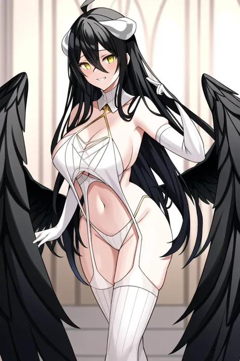 ((best quality)), ((highly detailed)), masterpiece, ((official art)), (detailed eyes, deep eyes), (1girl:1.33, solo), <lora:virginDestroyer_v11:1>, Virgin destroyer sweater, sweater, garter straps, underboob, navel, <lora:albedoOverlord:.6>, albedo_(overlord), glowing eyes, yellow eyes, very long hair, black hair, hair between eyes, ahoge, (white horns), (black wings, feathered wings), hip wings, large breasts, grin, white and gold dress, cleavage, bare shoulders, detached collar, elbow gloves