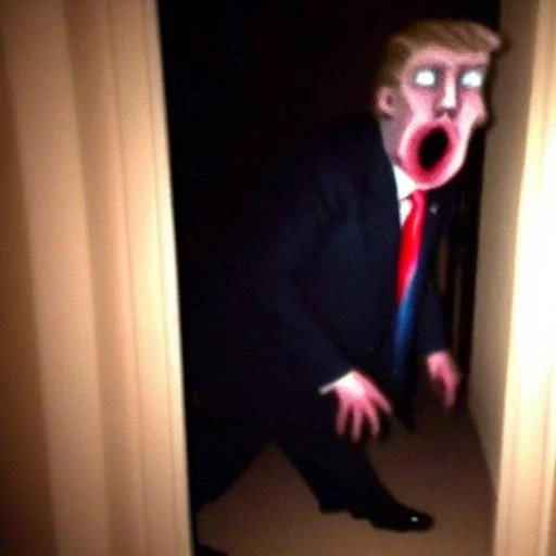 photo of Donald Trump lurking in the darkness like a henderson creature, house interior, blurry image,movement