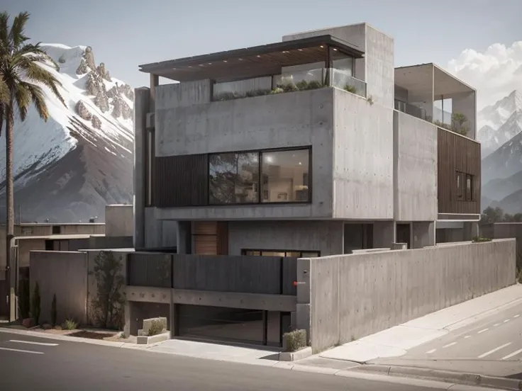 architectural concrete_finish, modern house, fair-face concrete, concrete, street view, in the mountains, daylight, cars, (masterpiece) <lora:architecturalconcrete-v1:0.8>