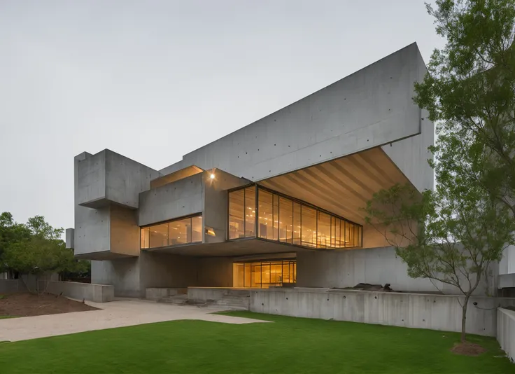 (8k, RAW photo, best quality, masterpiece:1.2), <lora:architecturalconcrete-v1:0.9>,a highly detailed building designed by tadao ando, with lots of concrete and glass, rainy,realistic style,best quality, photo-realistic,8k uhd, dslr, soft lighting, high quality, film grain, Fujifilm XT3,grass on the ground