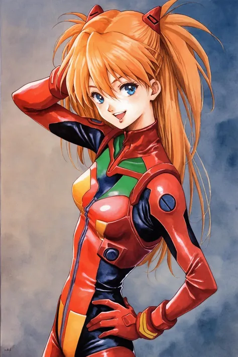 1girl,long hair,plugsuit,bodysuit,souryuu asuka langley,pilot suit,bracer,blue eyes,smile,open mouth,breasts,bangs,turtleneck,solo,cowboy shot,:d,hair between eyes,gloves,red bodysuit,small breasts,looking at viewer,headgear,two side up,hand on hip,skinny,adjusting hair,narrow waist,standing,orange hair,science fiction,hand up,shiny clothes,hair ornament,happy,from side,shiny,skin tight,traditional media,watercolor (medium),score_9,score_8_up,<lora:Haruhiko Mikimoto_XL_PONY_V2:0.9>,