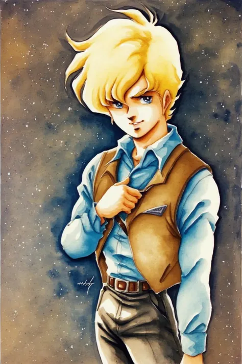 solo,blonde hair,male focus,1boy,blue eyes,vest,watercolor (medium),painting (medium),traditional media,pants,long sleeves,short hair,retro artstyle,shirt,belt,traditional media,watercolor (medium),score_9,score_8_up,<lora:Haruhiko Mikimoto_XL_PONY_V2:0.9>,