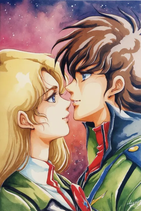 Itizyou Hikaru,Misa Hayase,1girl,1boy,hetero,couple,1980s (style),long hair,blonde hair,uniform,retro artstyle,military,military uniform,brown hair,blue eyes,looking at another,imminent kiss,traditional media,watercolor (medium),score_9,score_8_up,source_anime,<lora:Haruhiko Mikimoto_XL_PONY_V2:0.8>,