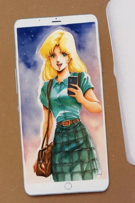 Misa Hayase,1girl,1980s (style),retro artstyle,blonde hair,phone,long hair,solo,plaid,bag,skirt,open mouth,holding,cellphone,talking on phone,holding phone,short sleeves,handbag,green eyes,belt,shirt,traditional media,watercolor (medium),score_9,score_8_up,source_anime,<lora:Haruhiko Mikimoto_XL_PONY_V2:0.8>,