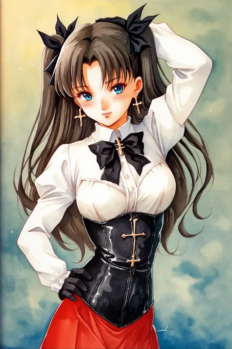 1girl,solo,long hair,earrings,jewelry,gloves,two side up,black hair,pantyhose,tohsaka rin,long sleeves,looking at viewer,cross,black gloves,bow,blue eyes,bangs,ribbon,black pantyhose,skirt,parted bangs,red bow,puffy sleeves,red skirt,blush,closed mouth,corset,breasts,arm up,hair ribbon,cowboy shot,hand on hip,bowtie,hair bow,frills,cross earrings,dress,shirt,white shirt,black ribbon,black bow,traditional media,watercolor \(medium\),score_9,score_8_up,<lora:Haruhiko Mikimoto_XL_PONY:0.8>,