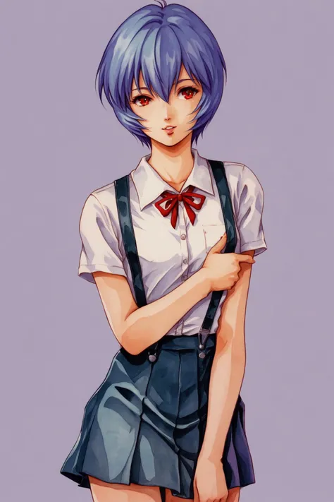1girl,ayanami rei,solo,red eyes,short hair,school uniform,blue hair,tokyo-3 middle school uniform,signature,short sleeves,hair between eyes,suspender skirt,purple background,bangs,purple theme,shirt,cowboy shot,looking to the side,skirt,white shirt,looking at viewer,parted lips,suspenders,traditional media,watercolor (medium),score_9,score_8_up,<lora:Haruhiko Mikimoto_XL_PONY_V2:0.8>,