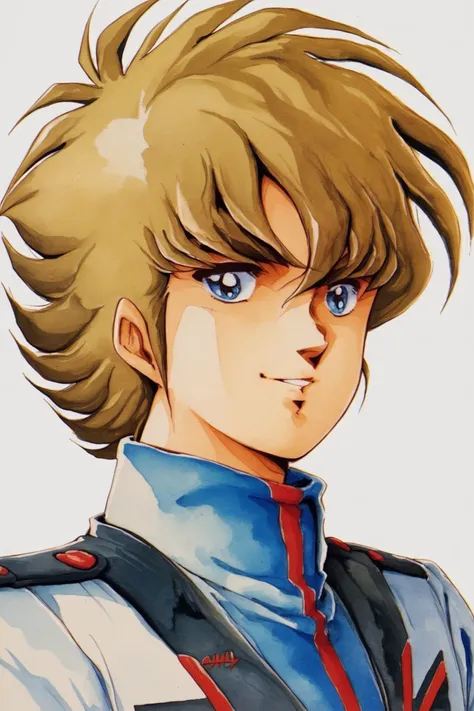 Itizyou Hikaru,solo,1boy,male focus,blue eyes,light smile,white background,brown hair,simple background,upper body,blonde hair,uniform,looking at viewer,retro artstyle,portrait,traditional media,watercolor (medium),score_9,score_8_up,source_anime,<lora:Haruhiko Mikimoto_XL_PONY_V2:0.8>,