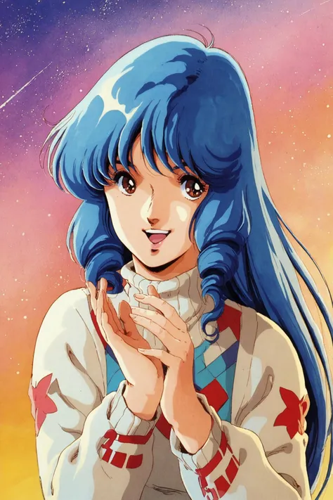 score_9,score_8_up,score_7_up,masterpiece,best quality,very aesthetic,absurdres,official art,official style,anime screencap,
Lynn Minmay,1girl,solo,1980s (style),retro artstyle,long hair,blue hair,sweater,open mouth,brown eyes,light smile,drill hair,upper body,looking at viewer,traditional media,watercolor (medium),
<lora:Haruhiko Mikimoto_XL_PONY:0.8>,