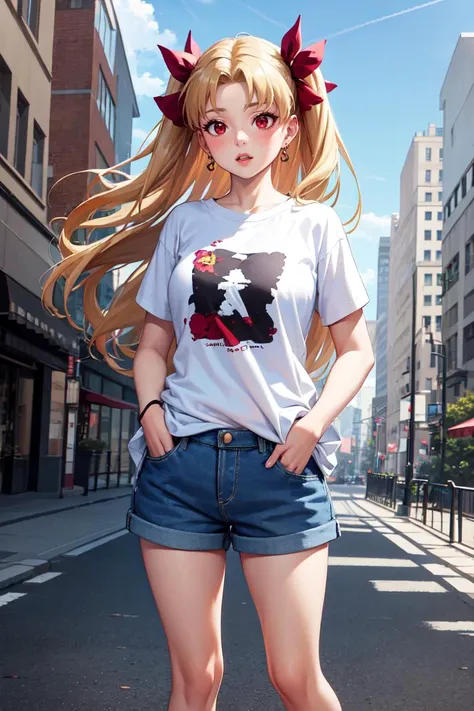masterpiece, best quality, absurdres, Ereshkigal, two side up, hair ribbon, t-shirt, denim shorts, standing, outdoors, city, hands in pockets, <lora:CHAR-EreshkigalV2:1>