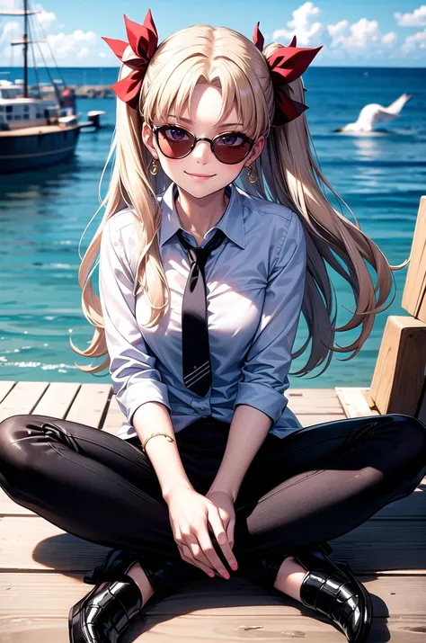 (masterpiece, best quality, detailed), 1girl, solo, looking at viewer, Ereshkigal, two side up, hair ribbon,
pant suit, suit, formal, black suit, black pants, necktie, white shirt, sunglasses, pier, dock, boat, harbor, water, lighthouse, seagull, indian style, hands on feet, smirk, smile, closed mouth