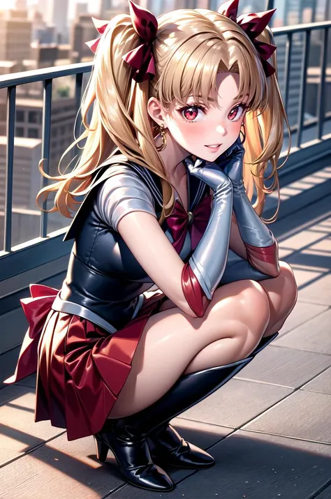 (masterpiece, best quality, detailed), 1girl, solo, looking at viewer, Ereshkigal, two side up, hair ribbon,
<lora:Sailor Moon Outfit:0.9>, sailor moon outfit, <lora:school_rooftop_v0.1:1>, school rooftop, chain-link fence, fence, sunset, dutch angle, squatting, from side, smile, parted lips