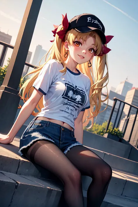 masterpiece, best quality, absurdres, Ereshkigal, two side up, hair ribbon, baseball cap, t-shirt, denim shorts, pantyhose under shorts, sitting, stairs, outdoors, city, sneakers, dutch angle, wide shot, smile, <lora:CHAR-EreshkigalV2:1>